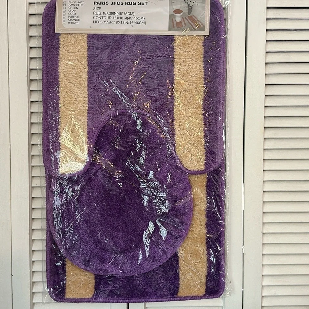 Purple 3pc Bathmat Set Non-Slip Absorbent mat and contour rugs, Toilet Lid Cover